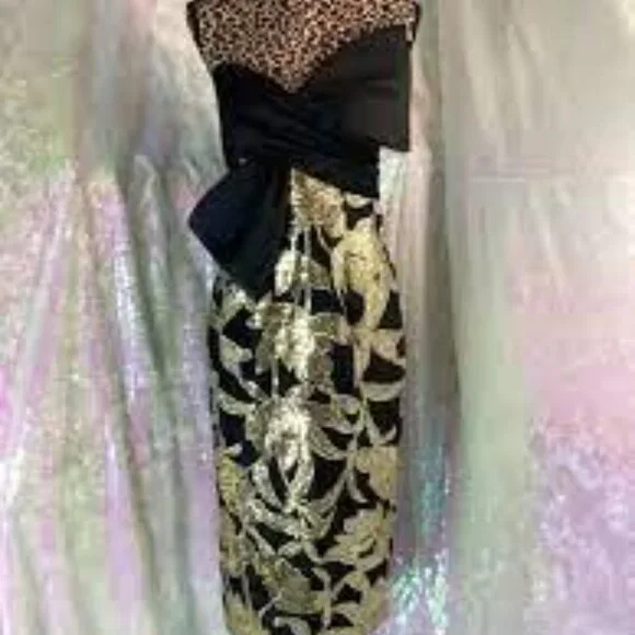 Marchessa Notte Lotus black gold floral sequin bow cocktail holiday midi dress 6 - Picture 6 of 8